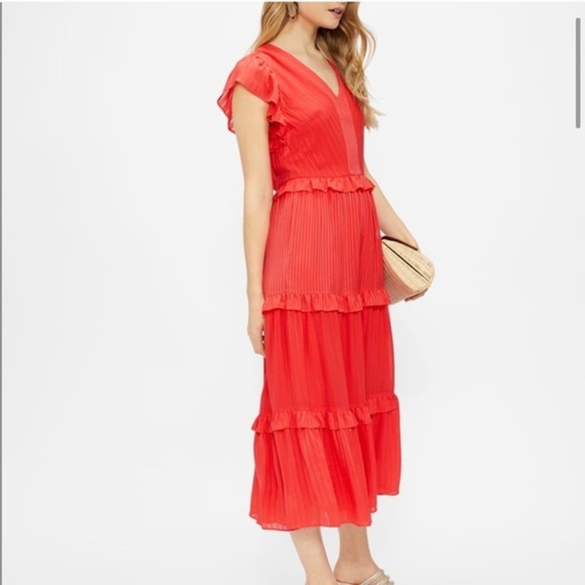 Ted Baker Tiliana Tiered Ruffle Midi Dress Red Orange Coral Size
