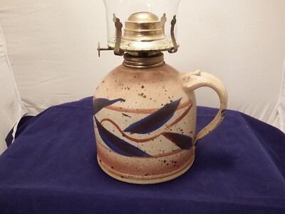Handmade Stoneware Pottery Oil Lamp   Blue Brown Earth Colors with Glass Chimney