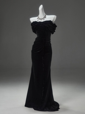 Black Velvet Evening Dresses Sexy Mermaid Off The Shoulder Ruched Party  Gowns | eBay