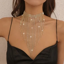 Bling Gold Crystal Long Drop Tassel Choker Necklace - Party Evening Statement