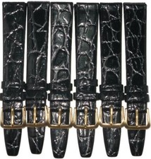 Lot of 6Pcs. Watch Bands Black 12MM Genuine Leather Crocodile Grain Flat,Slim