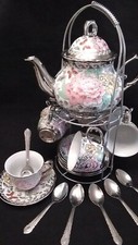 20pc Tea Set Tea Pot  6 Cups  6 Saucers Rack Sil Multi tone 3 oz Cup M12513