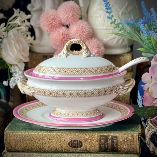 Antike ROYAL Worcester Saucenterrine Teller Schöpfkelle um 1878 4 Teile viktorianisch rosa sehr guter Zustand - Bild 2 von 14