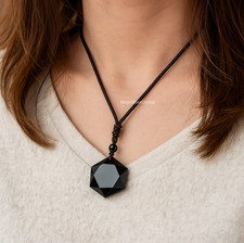 Black Obsidian Hexagonal Amulet Pendant Necklace Unisex Luck Jewelry Reiki Gifts