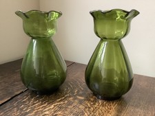 Pair of Antique Victorian Green Glass Hyacinth Bulb Vases Scalloped Edge Rare