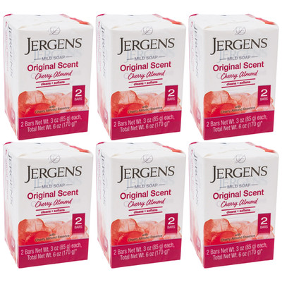 Jergens Original Scent Cherry Almond Mild Soap Bar, 2 Bars 3oz Each (Pack of 6)