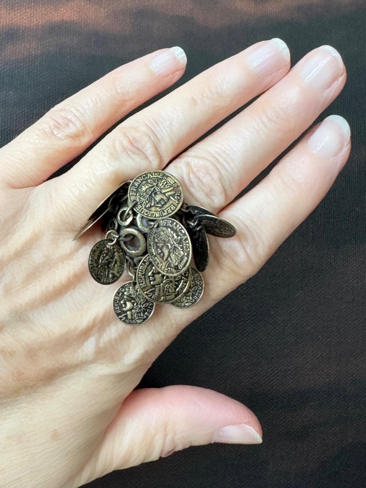 Chunky Coin Charm Statement Ring Adjustable Antiq… - image 7