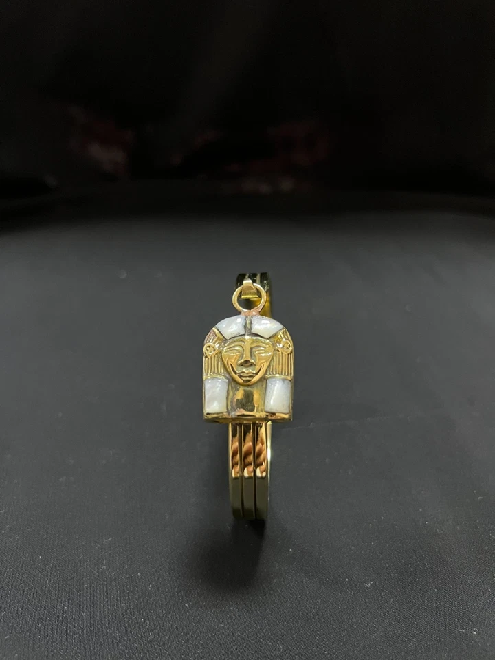 Gold Egyptian Bracelet with White Enamel King Tut Mask Pharaoh Cuff - Image 4 of 4