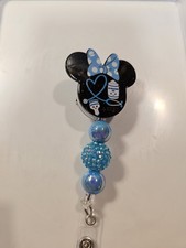 Mouse Blue Beaded Retractable ID Badge Holder Clip-on for Women