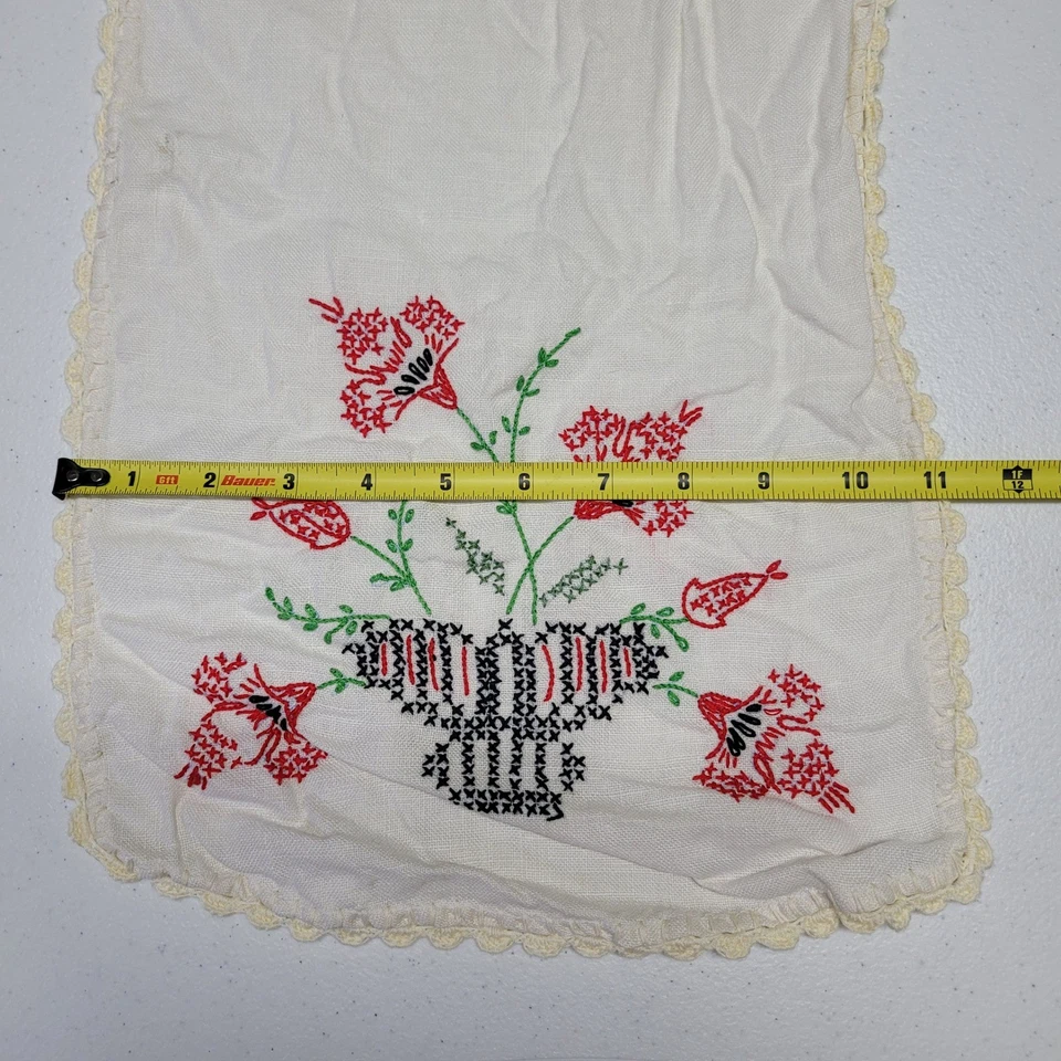 Hand Embroidered Linen Table Runner Red Floral Cross Stitch Crochet Trim - Image 4 of 4
