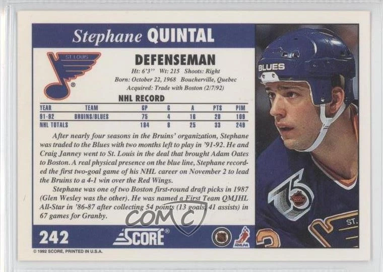 1992-93 Score Stephane Quintal #242 - Image 2 of 2
