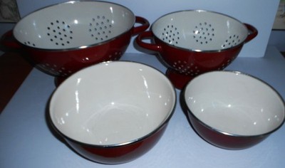 PAULA DEEN 4 PIECE (2) COLLANDER  (2) MIXING BOWL SET ENAMEL RED SPECKLED VINTAG