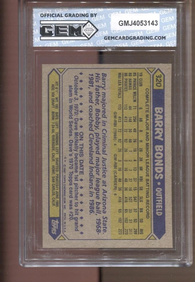 Barry Bonds Topps #320 1987 gema como nueva 10 radiocontrol novato Piratas Gigantes Foto 2 de 2
