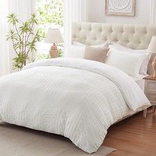 White Duvet Cover Queen Size, Soft 3-Piece Seersucker Queen Duvet Cover Set, ...
