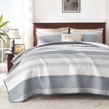 Grey Striped Quilt Queen 90x96Inch 3 Pieces 1 Striped Quilt  2 Pillowcases