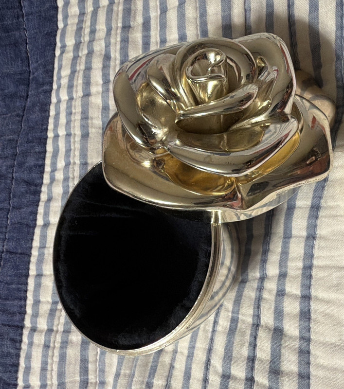 Silver/Gold Tone Trinket Box With Rose Lid, Made in China