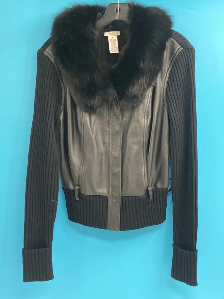 Cache Womens Black Leather- Wool Sleeve- Fox Fur Trimmed Jacket (size M) - Image 3 of 4