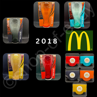   5 x McDonald´s Coca Cola Glas Gläser 2018 Set gold schwarz orange rot türkis