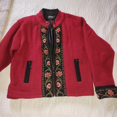 VTG ICELANDIC DESIGN 100% Wool Sz M Nordic Fair Isle Sweater Jacket Zip Up Red 