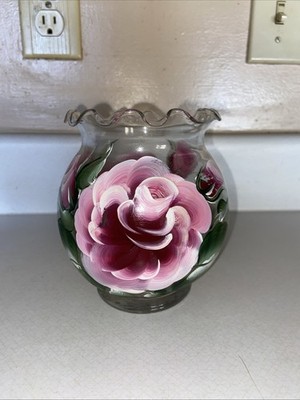 Handpainted Flowers-Clear Blown Glass Crimped Small VASE or Candleholder-Signed