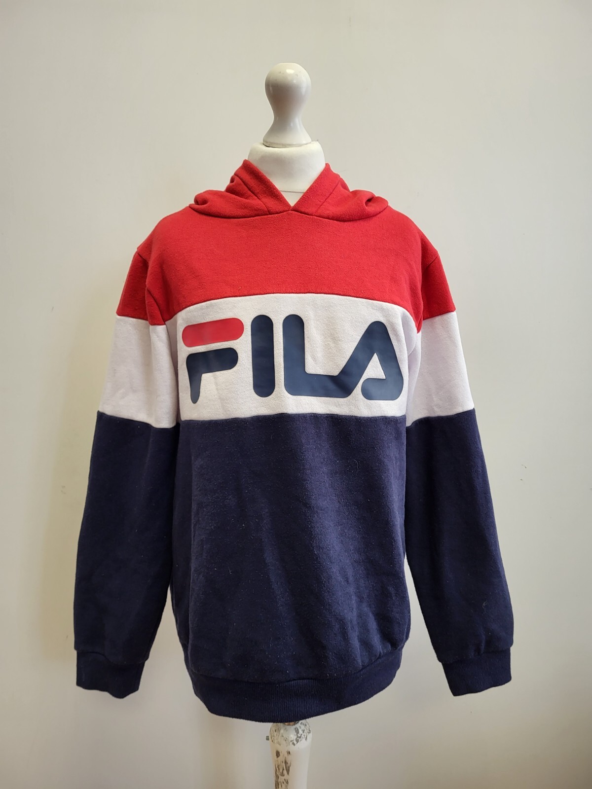 TT861 FELPA CON CAPPUCCIO RAGAZZO FILA ROSSO BLU BIANCO PULLOVER MANICA L TAGLIA UK 13 15 ANNI