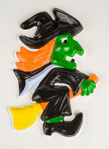 Original 1960s 18" HALLOWEEN molded plastic WITCH on BROOMSTICK decor HONG KONG - Picture 1 of 3