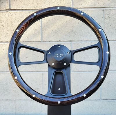 14" Black Billet Steering Wheel Real Dark Wood Burnt Pine Rivets Chevy Bowtie - Bild 1 von 4