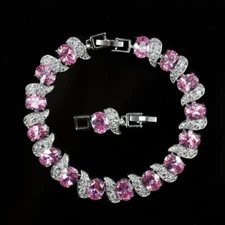 Silver Plated CZ Pink Austrian Crystal Women Party Oval Tennis Shaped Bracelet