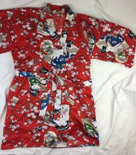 Red Rayon Geisha Cherry Blossom Short Kimono Robe Belted Used