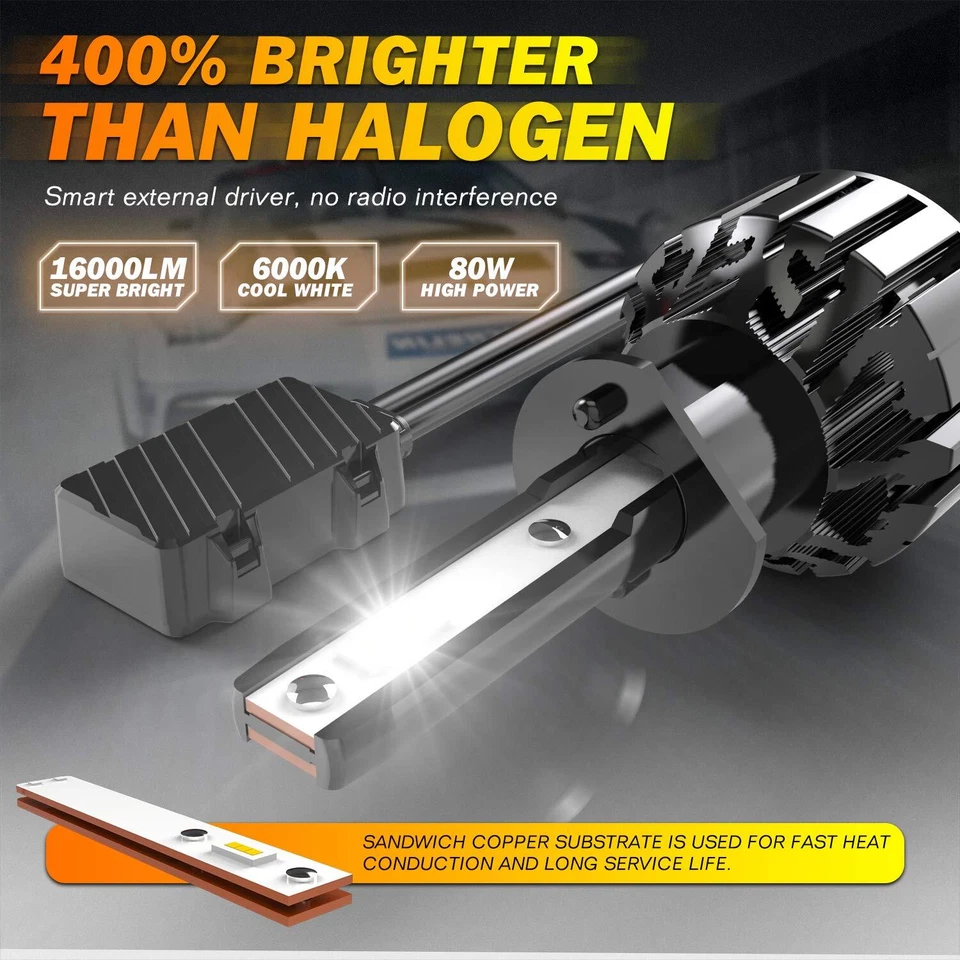 KATUR Bombilla H1 Led, 80W 16000LM 6000K Blanco frío 400% Brillo Superbrillante  - Imagen 3 de 4