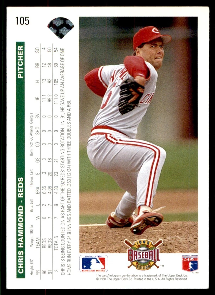 1992 Upper Deck Chris Hammond Cincinnati Reds #105 - Image 2 of 2