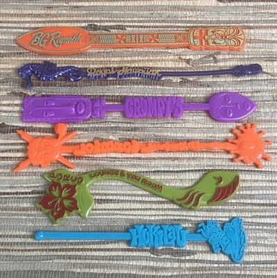 6 TIKI Bar Swizzle Sticks Hukilau SHAG Grumpy's Porco Royal Hawaiian BG Reynolds