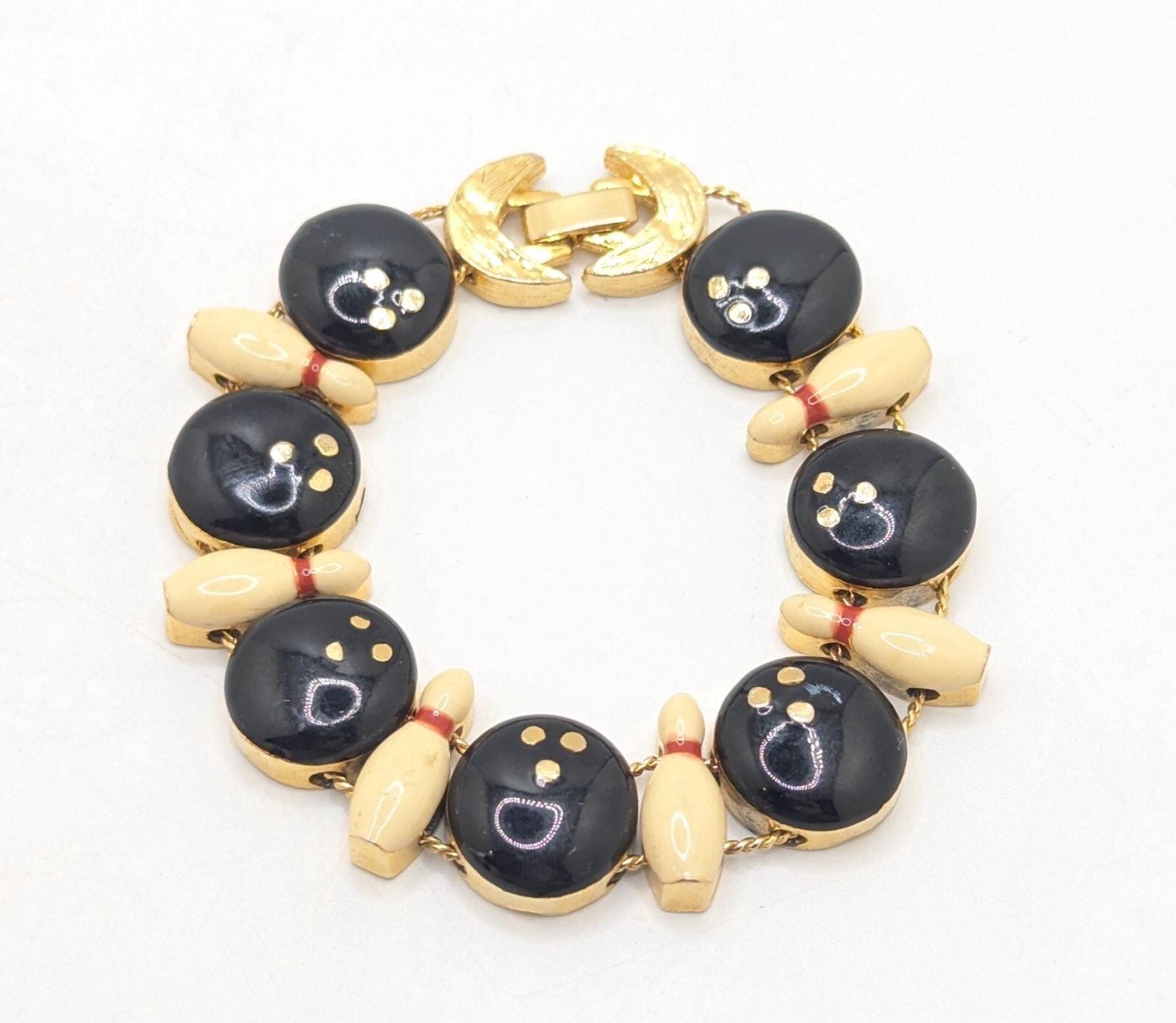 Vintage Bowling Ball Enamel Slider Bracelet Retro Pin Pins G