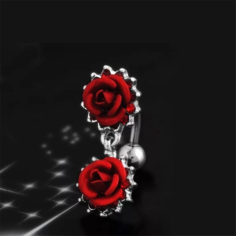 Reverse Red Rose love Flower dangle Belly Navel Button Ring Piercing Top Down - Image 3 of 4