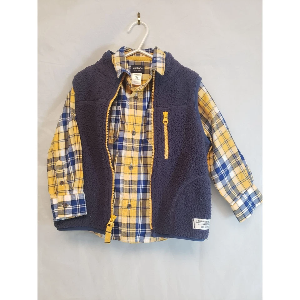 Carters Boys Reversible 3T Fleece Vest W/Long Sleeve Shirt Buttondown Navy&Gold - Image 2 of 4