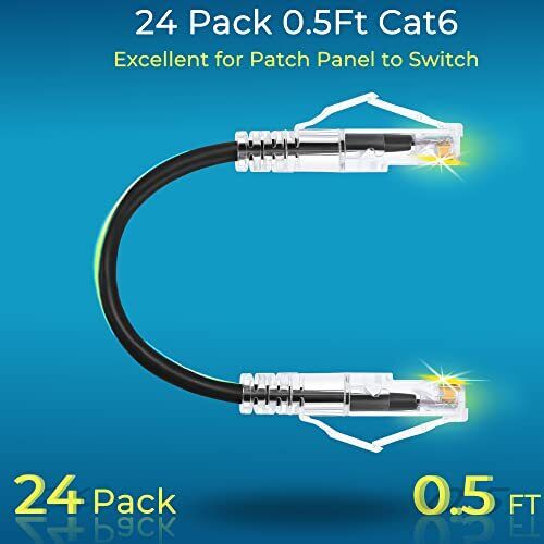Rapink Patch Cables Cat6/ Cat6a 0.5ft (24 Pack) Slim, Cat6a 0.5FT Black - Picture 3 of 7