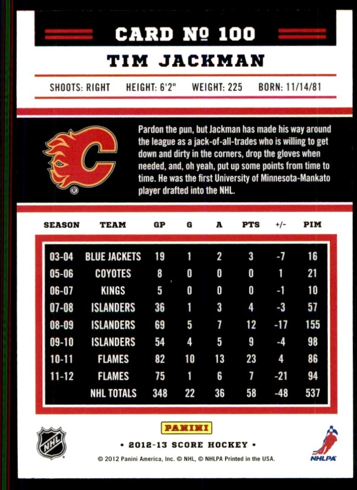 2012-13 Score Gold Rush Tim Jackman Calgary Flames #100 - Image 2 of 2