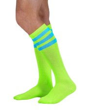 Colored Knee High Tube Socks with One Size, Neon Green With Blue Stripes