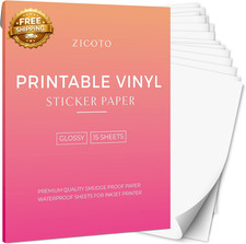Printable Vinyl Sticker Paper Glossy White 8.5 X 11 for Inkjet or Laser