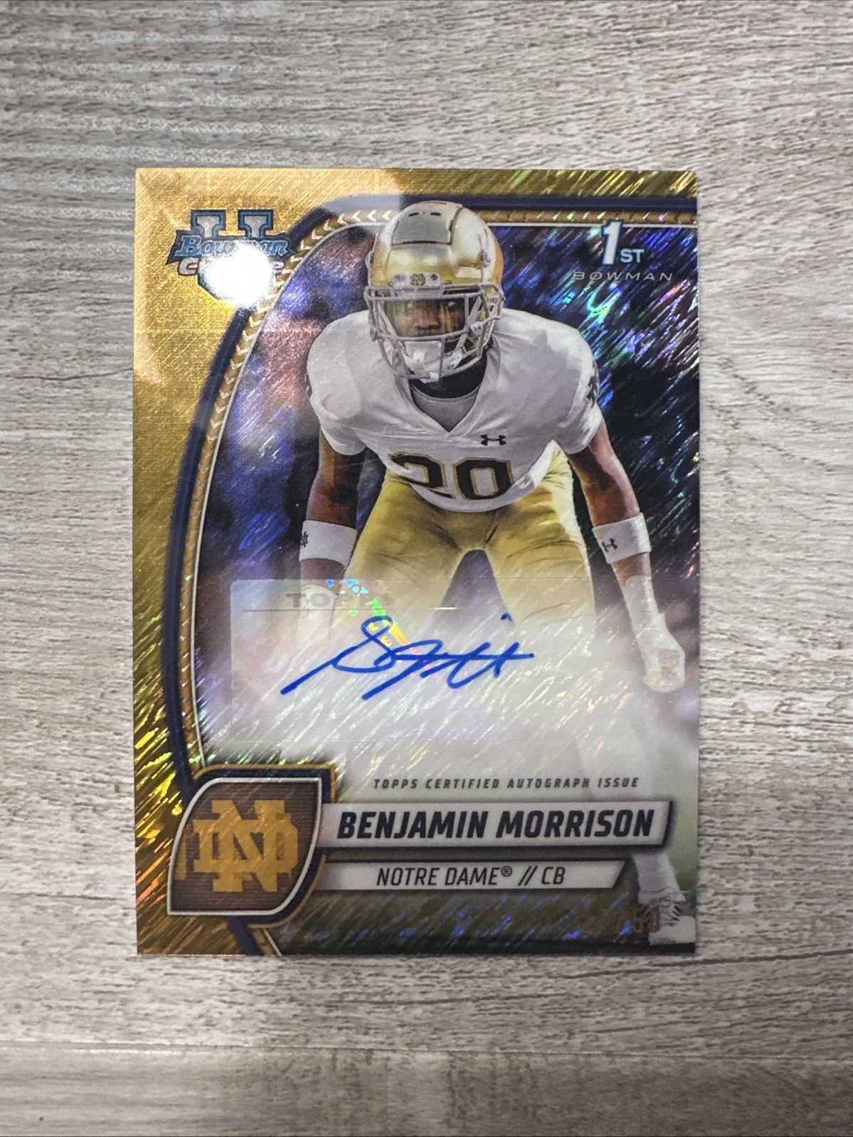 2024 Bowman Chrome University Benjamin Morrison 1st Bowman Gold Shimmer Auto /50