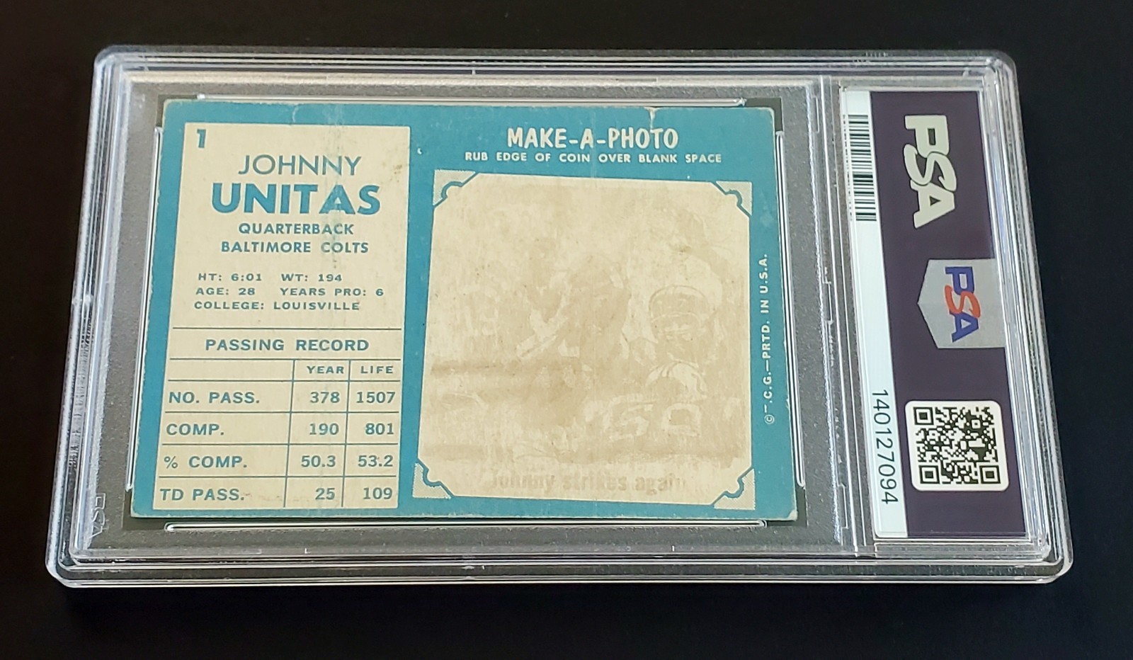 Rare 1961 Topps #1 Johnny Unitas PSA 1 (very rare) view 3
