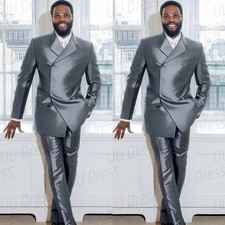 Silk Satin Men's Suits Double-breasted Party Prom Tuxedos Blazer Pant Wedding