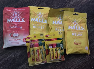 (2) Carmex Moisturizing Lip Balm 3 Packs & 4 Bags Of Halls 120 Drops Total