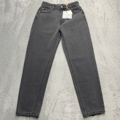 Pull & Bear Mom Jeans Dark Gray High Waisted Distressed Raw Hem Size 4