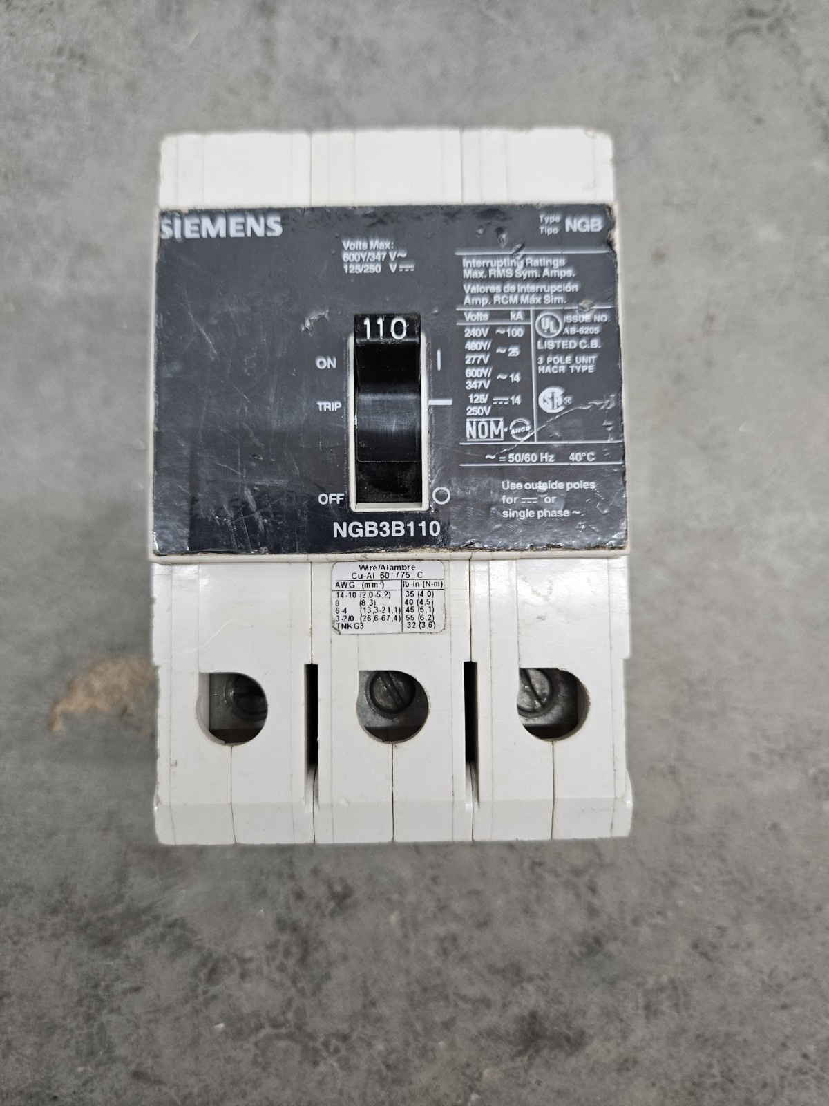 Siemens NGB3B110 NGB Circuit Breaker 110 Amp 3 Pole 600 V 110A HACR 3P ITE 347 V