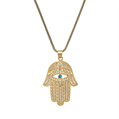 81stgeneration Gold Necklace Brass Turquoise Filigree Fatima Hand Pendant
