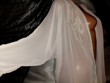 VTG SILKY CHIFFON PINK FLOWY EMBRD APLQ BOW 60S ROBE OPAQUE SHEER LUX COQUETTE