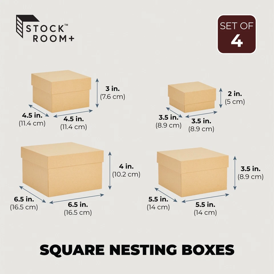 4 Pack Square Nesting Gift Boxes, Decorative Boxes with Lids in 4 Sizes, Brown - Image 3 of 4