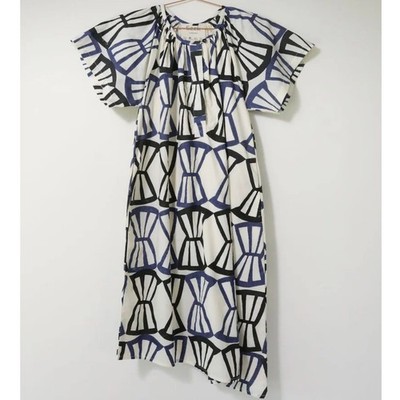 Seek Collective Leta Bialetti Geo Print Asymmetrical Hem Midi Dress,Cream Blue,L