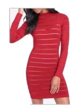 NEW Bebe Goji Berry Red Sheer Stripe Sweater Dress Sheath Bodycon Size XSmall
